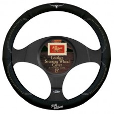 BLACK LEATHER STEERING WHEEL COVER WITH WHITE TRIM