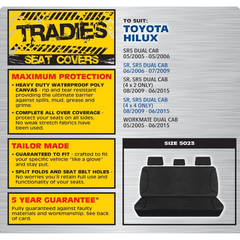 BLACK CANVAS REAR BENCH SEAT COVER - HILUX VARIOUS 05/2005 on