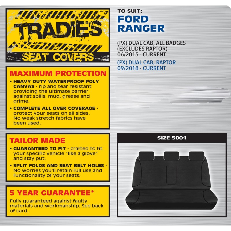 BLACK CANVAS REAR SEAT COVER - FORD RANGER PY T6.2 XL XLS 